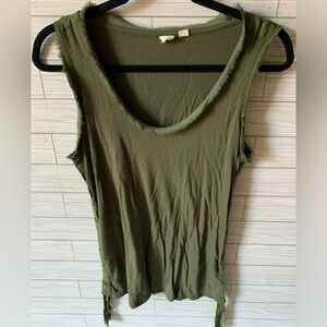 Army green dress up tank top with purposefully Freyed neck line and slv